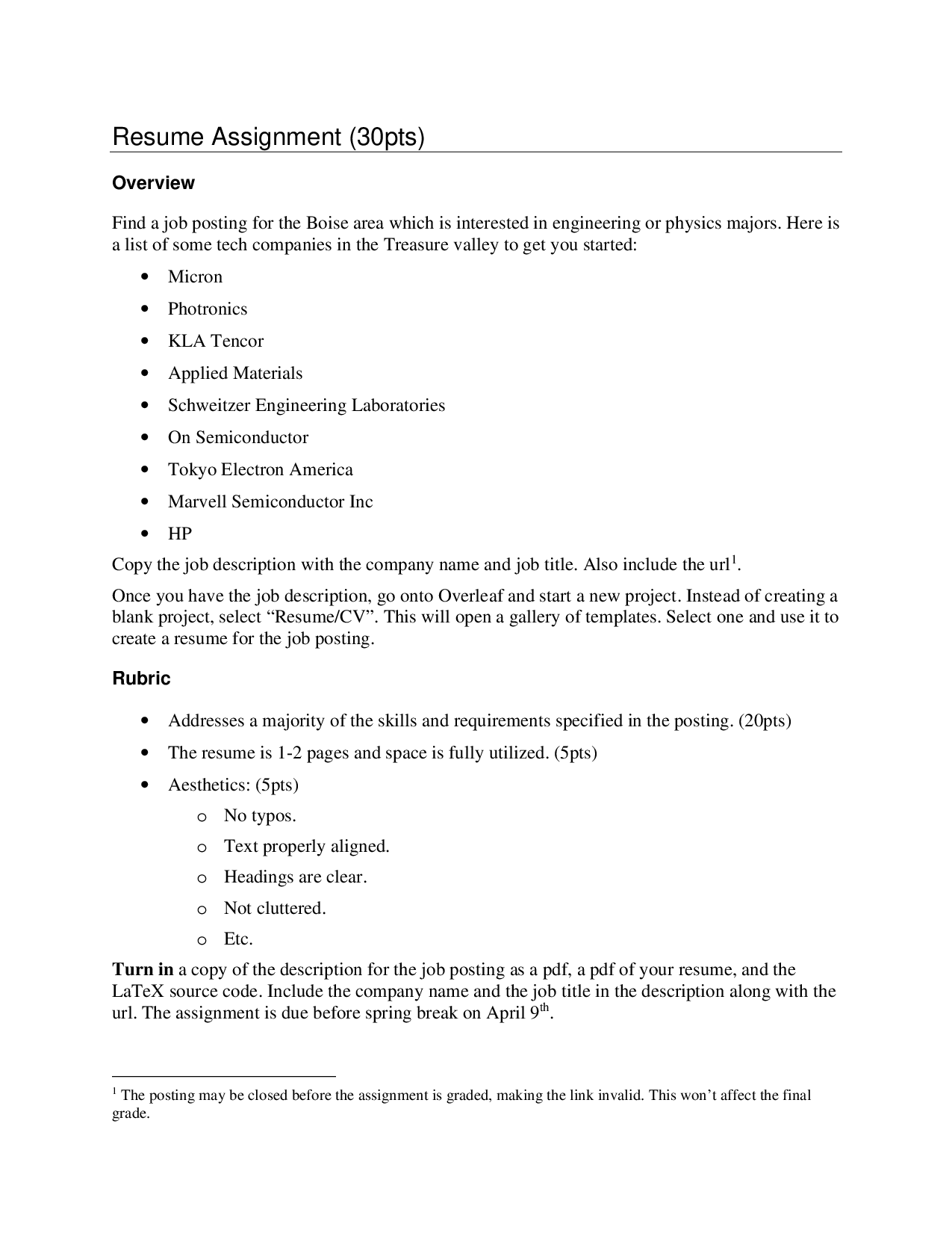 Instructions for resume assignment.